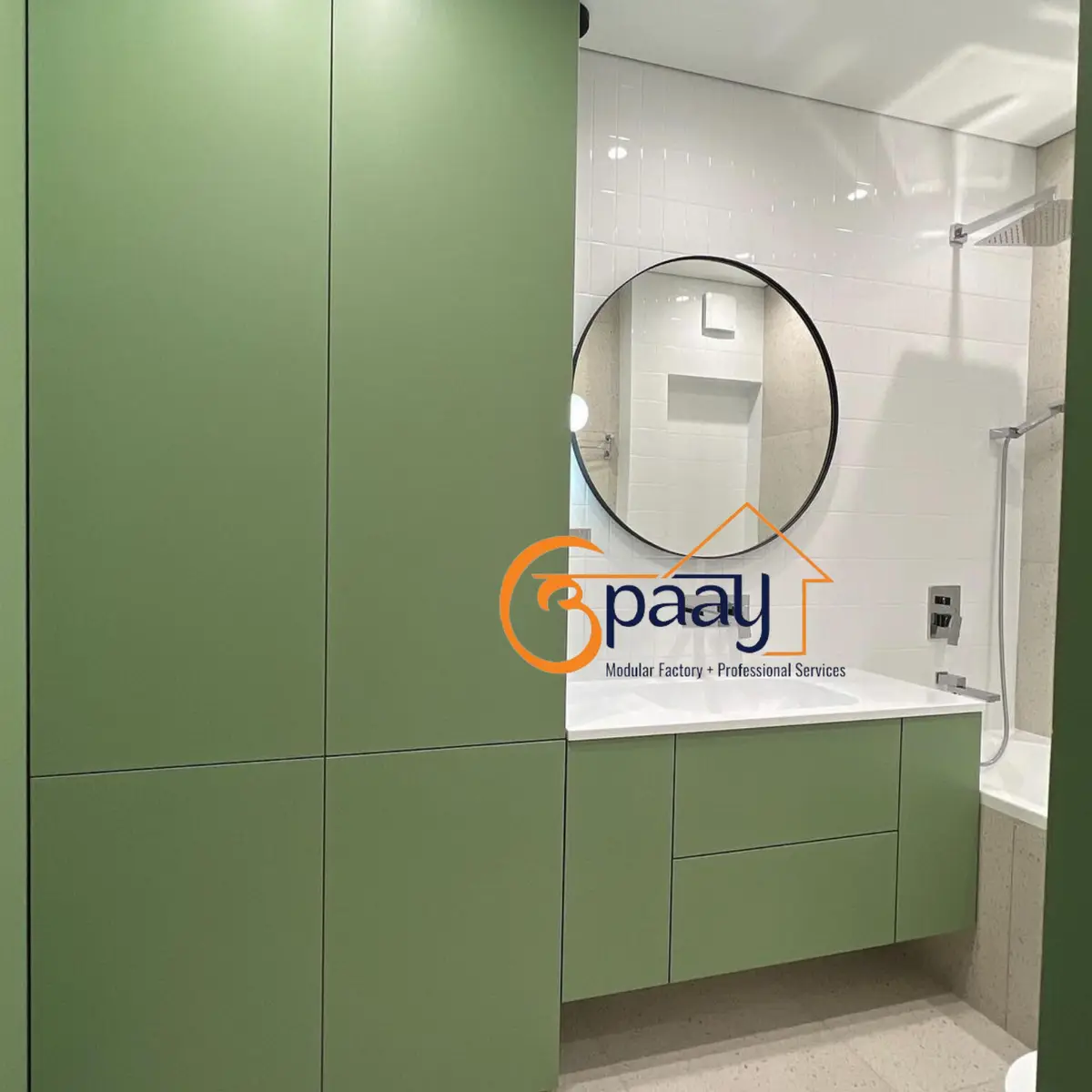 pastel modern minimalist bathroom with vanity — real Indian home
