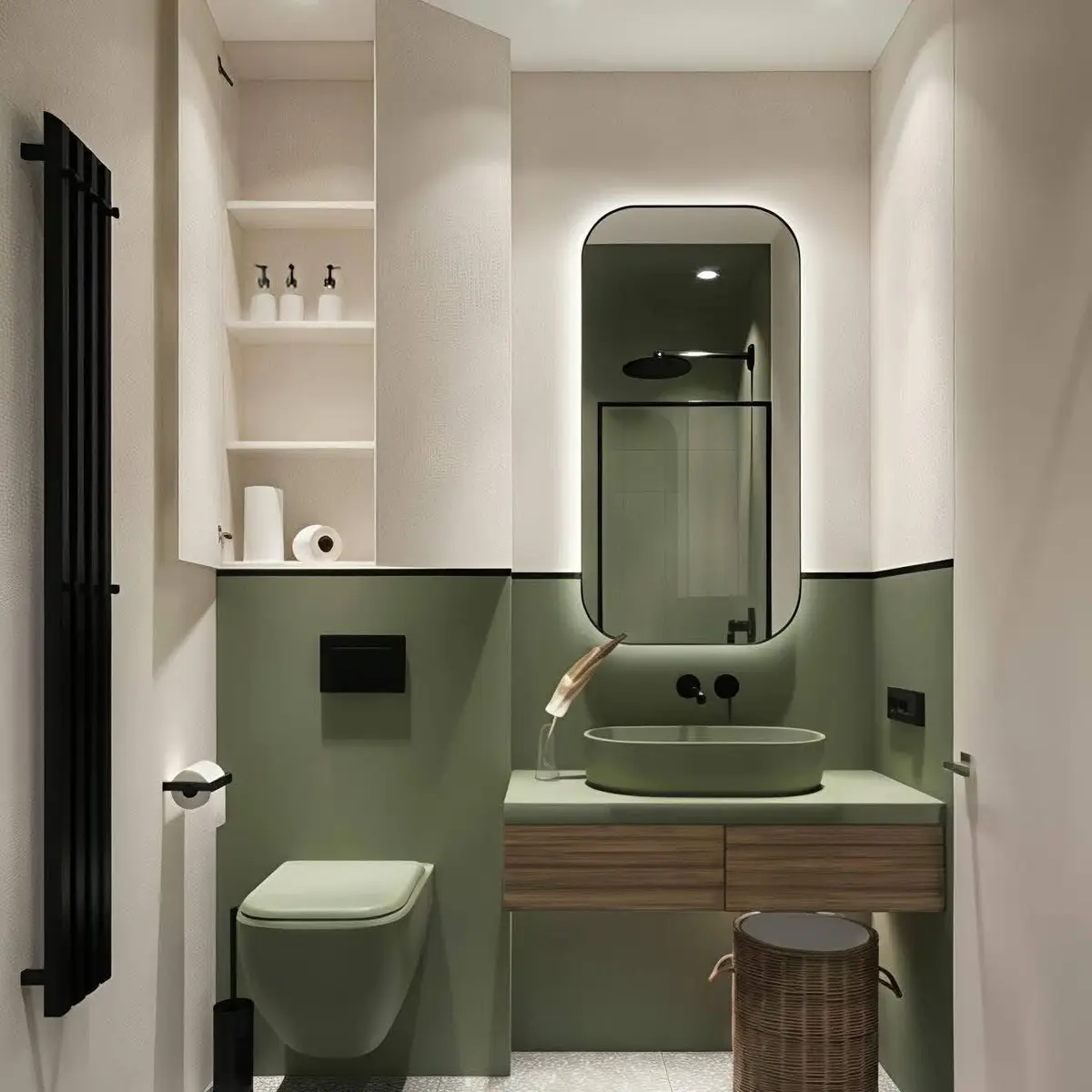 earthy modern minimalist bathroom with vanity — real Indian home