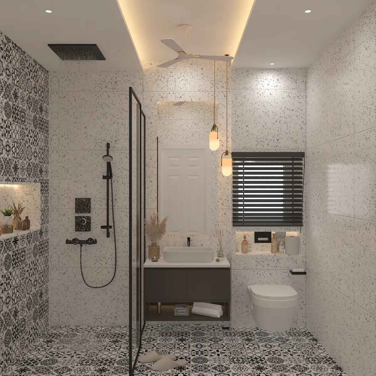 black and white modern minimalist bathroom with vanity — real Indian home