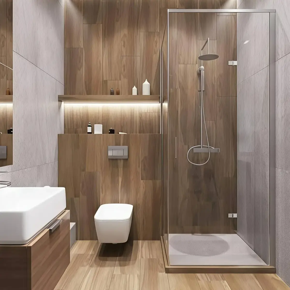 earthy modern minimalist bathroom with shower — real Indian home