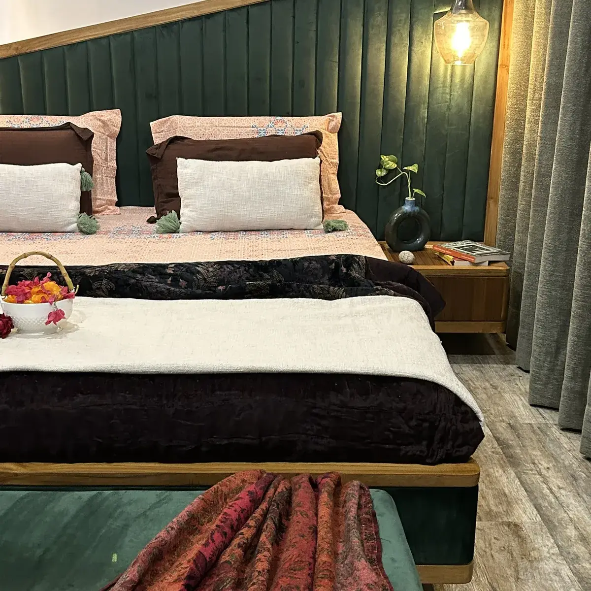 earthy boho master bedroom with panelling — real Indian home