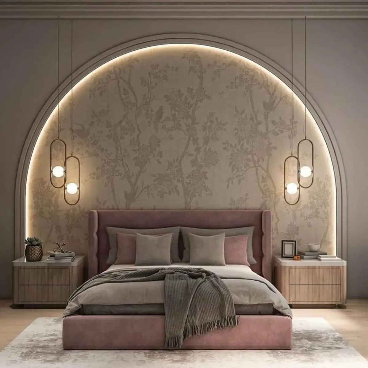 beige luxury master bedroom with wallpaper — real Indian home
