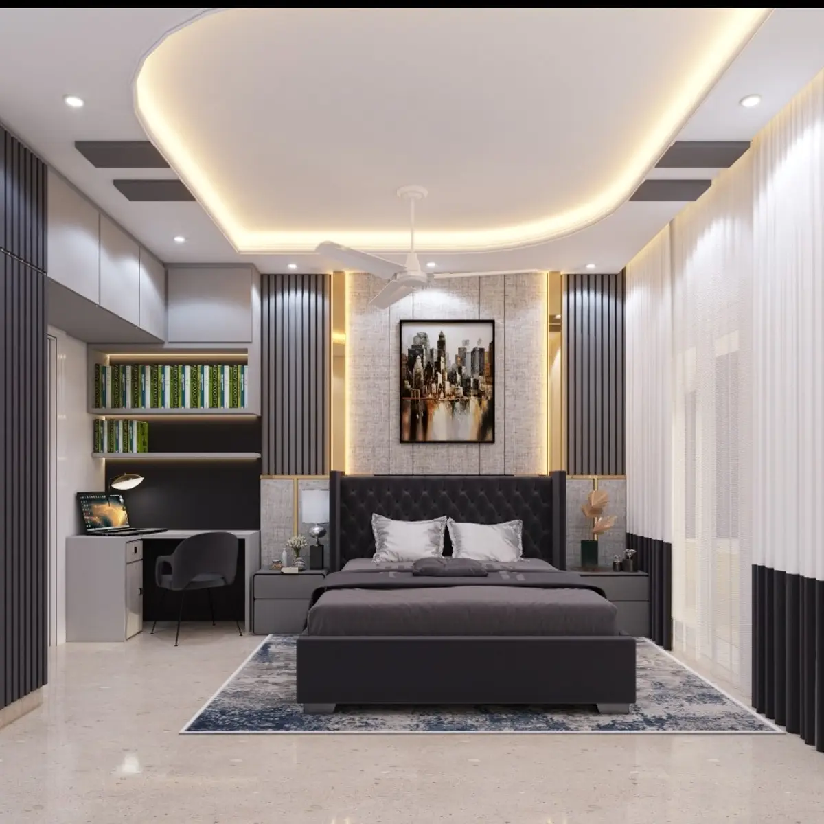grey modern minimalist master bedroom with cove — real Indian home