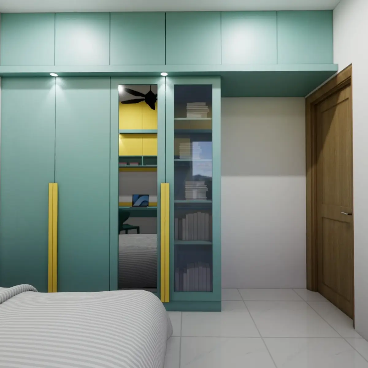bold colour modern minimalist master bedroom with wardrobe — real Indian home