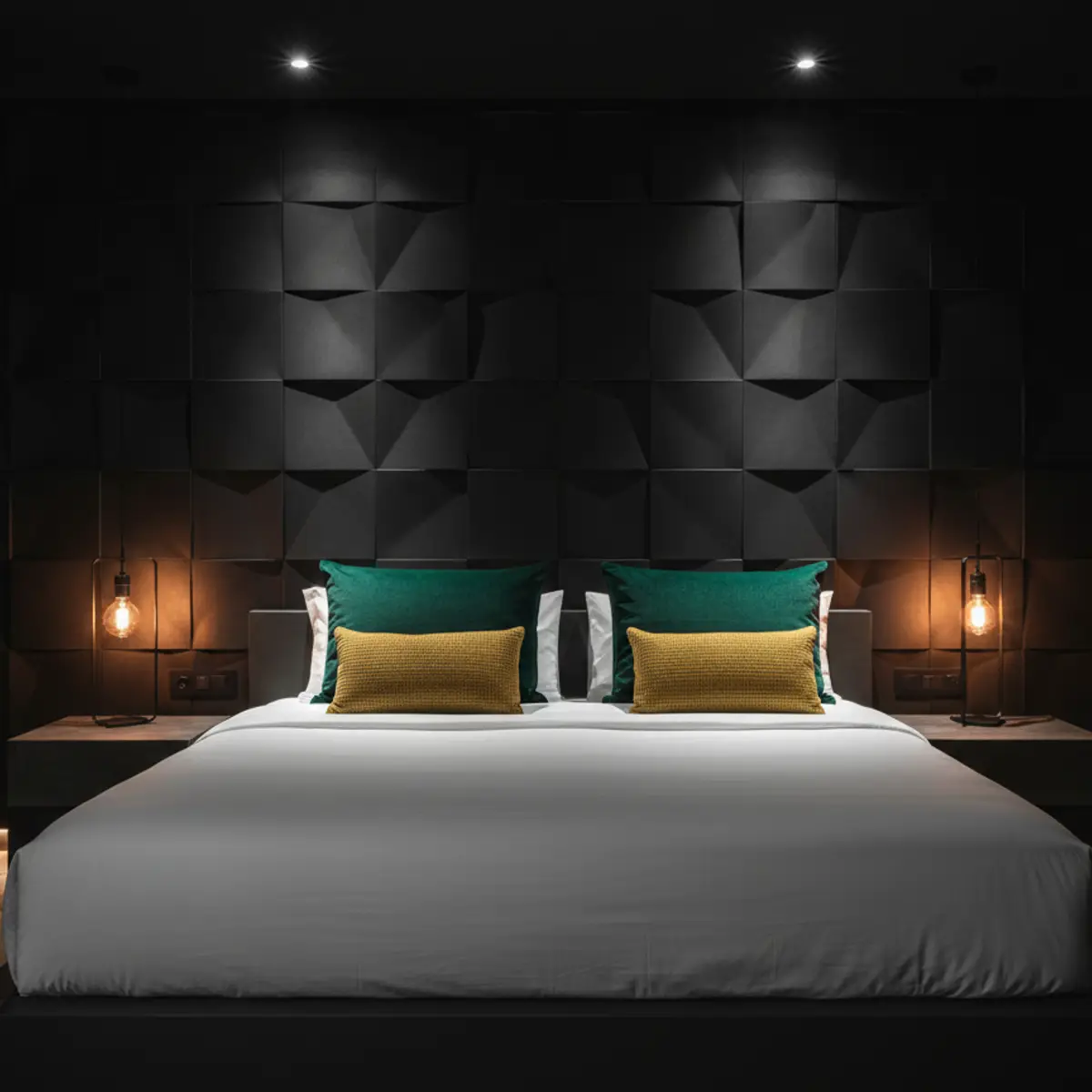 jewel tone industrial master bedroom with panelling — real Indian home