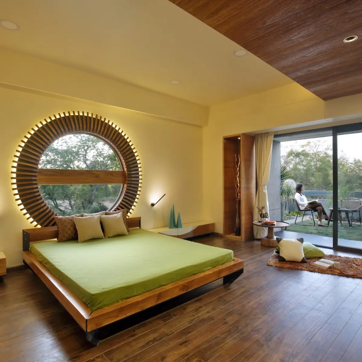 earthy japandi master bedroom with wood — real Indian home