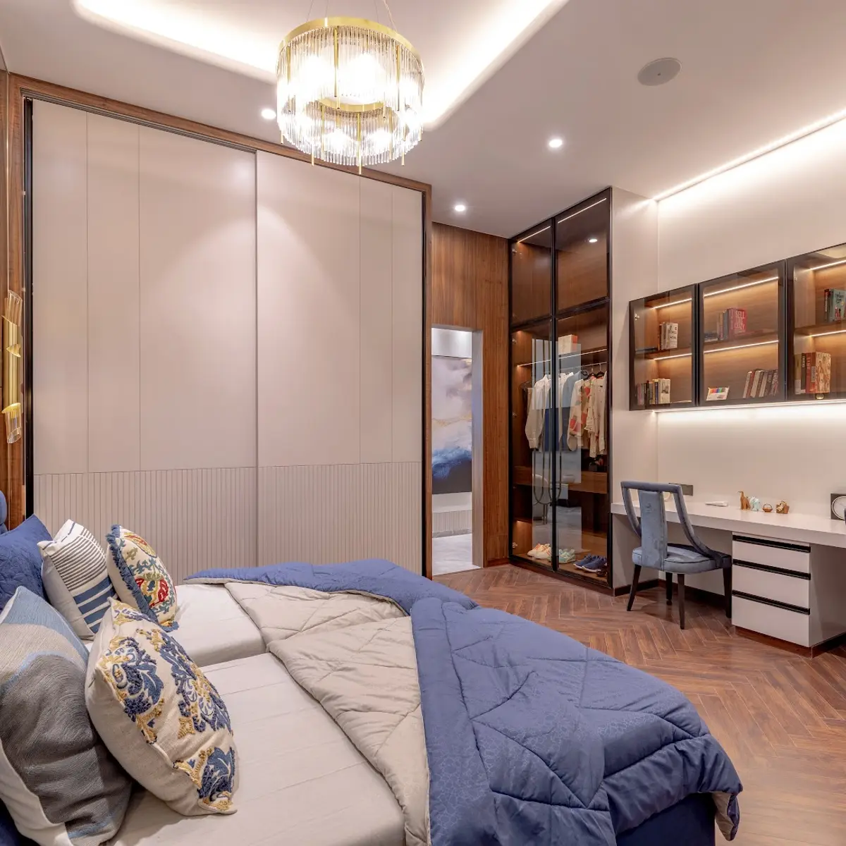 beige luxury master bedroom with wardrobe — real Indian home