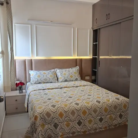 pastel modern indian master bedroom with moulding — real Indian home