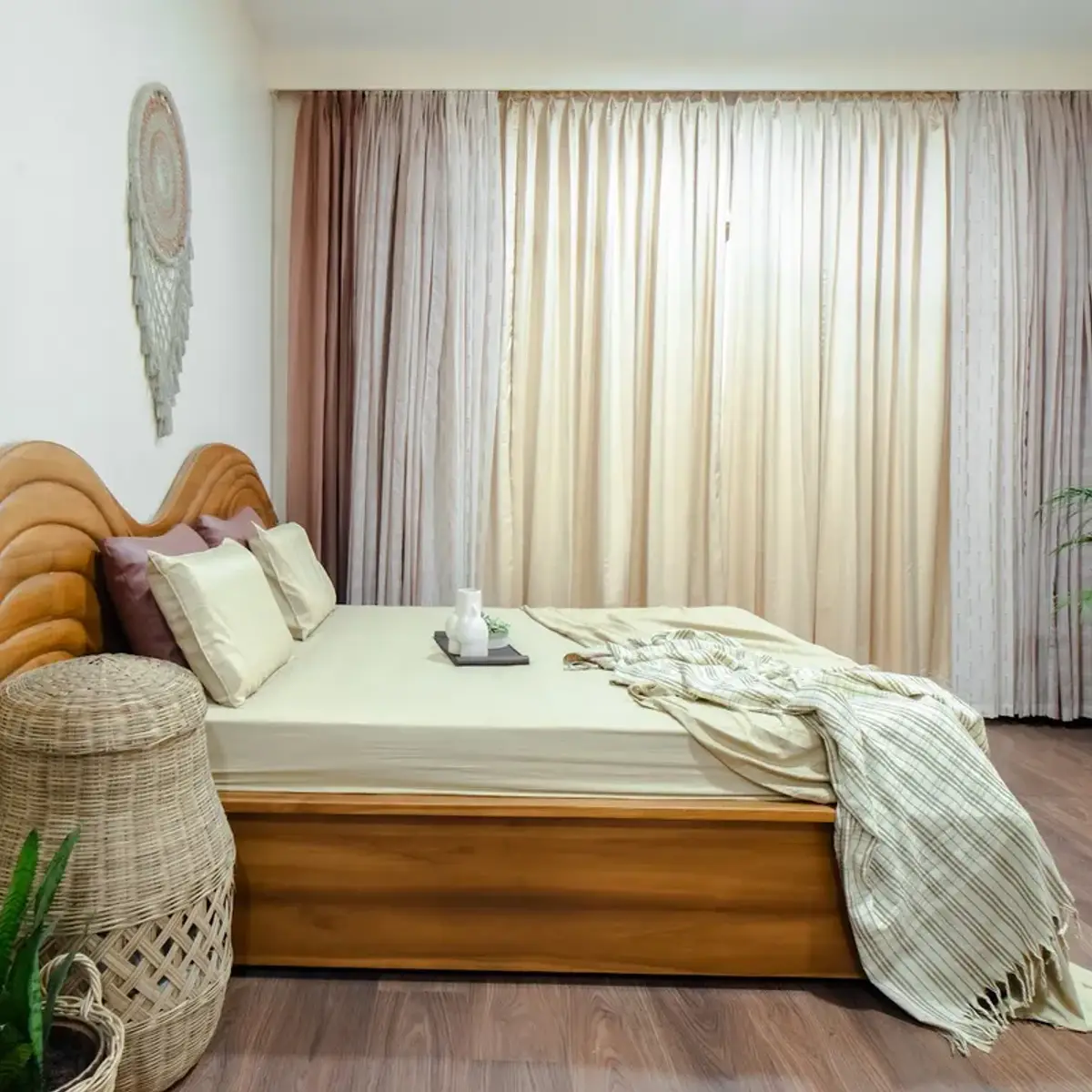 earthy boho master bedroom with curtains — real Indian home