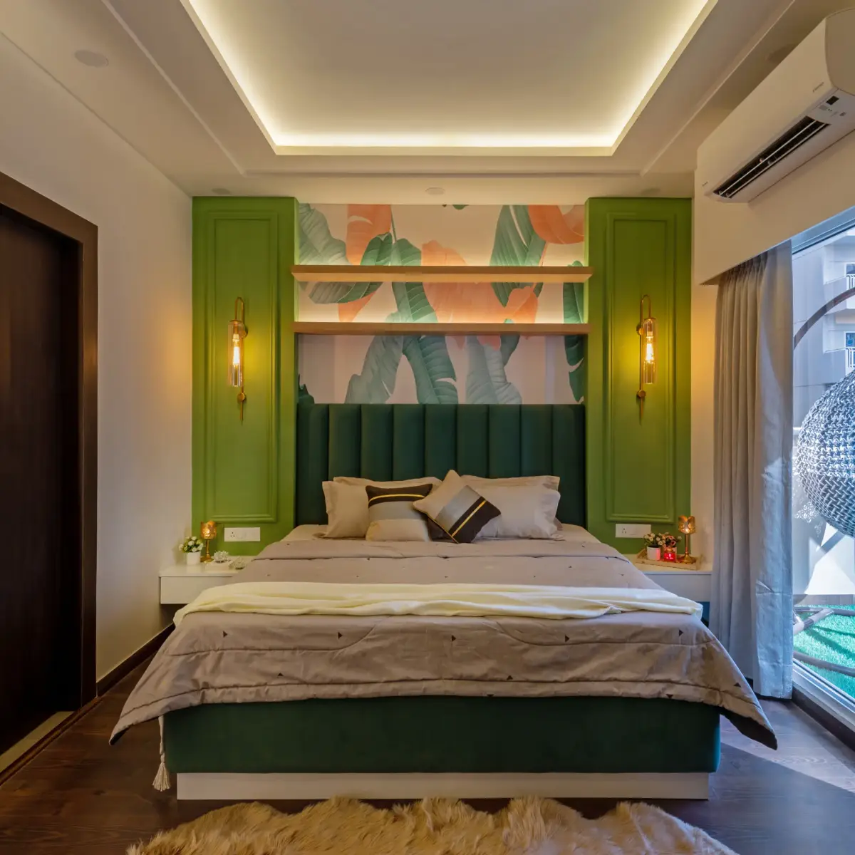 jewel tone modern indian master bedroom with wallpaper — real Indian home