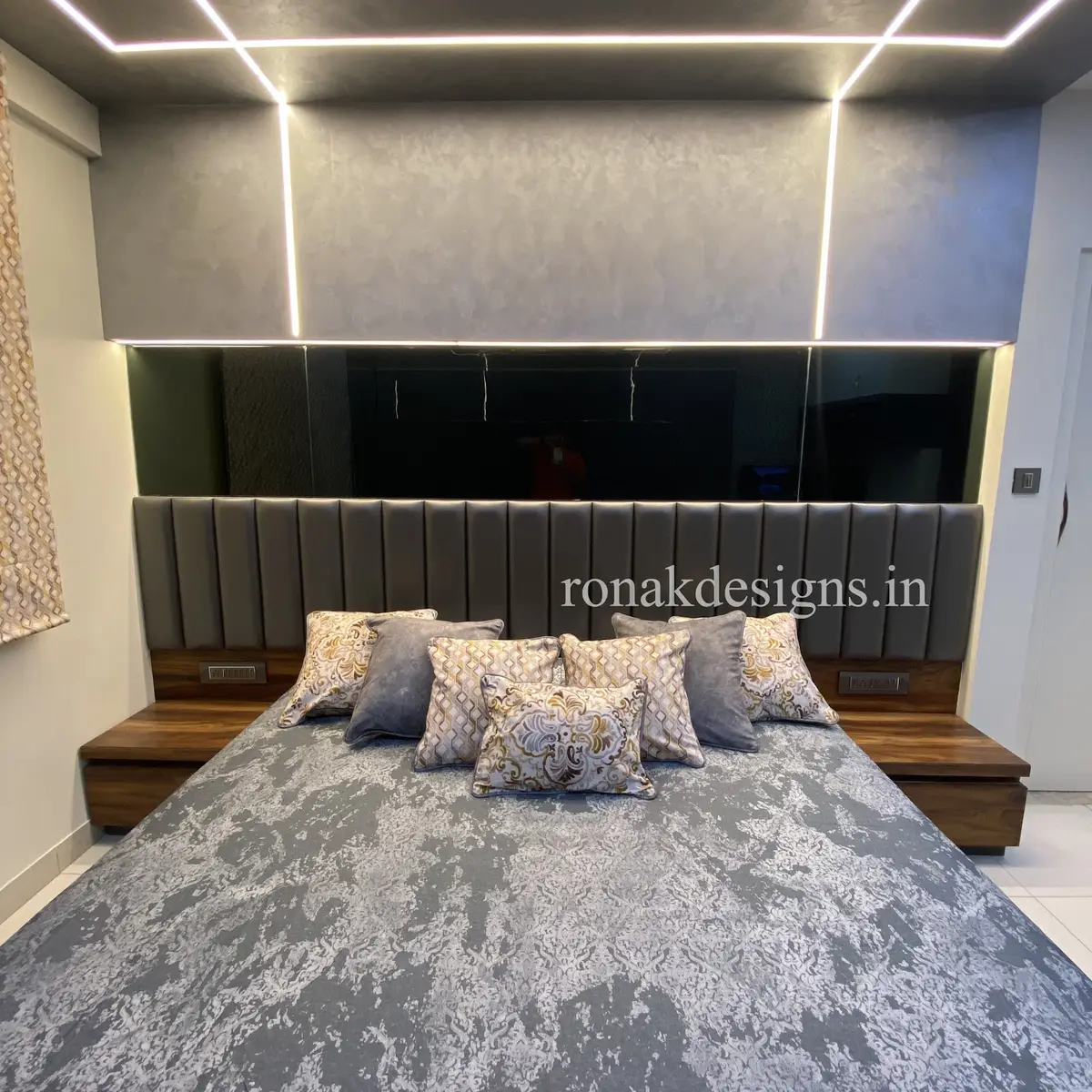 grey modern indian master bedroom with bed — real Indian home