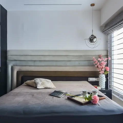 black and white modern minimalist master bedroom with wardrobe — real Indian home