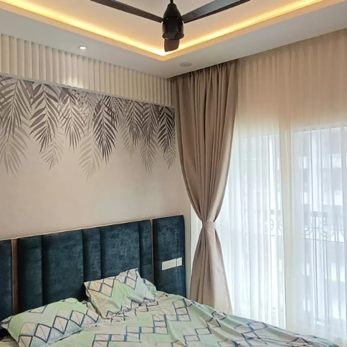 jewel tone modern indian master bedroom with wallpaper — real Indian home