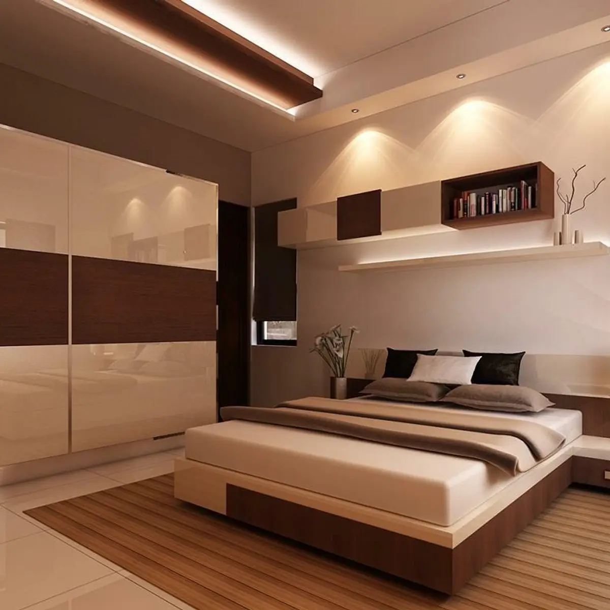 beige modern minimalist master bedroom with wardrobe — real Indian home