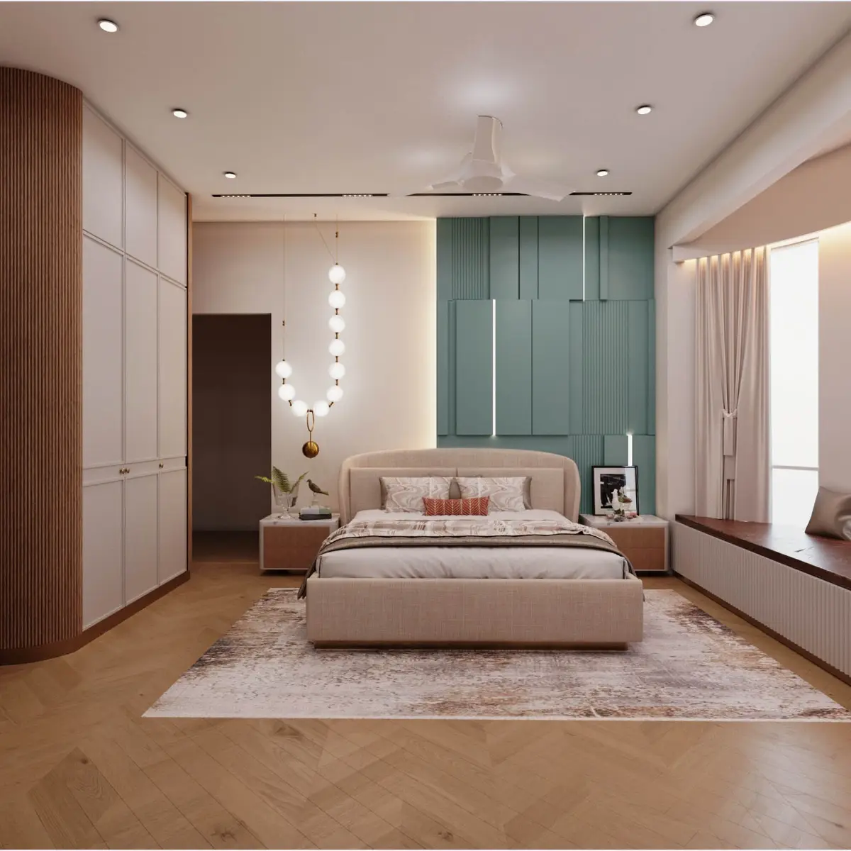 pastel modern minimalist master bedroom with panelling — real Indian home
