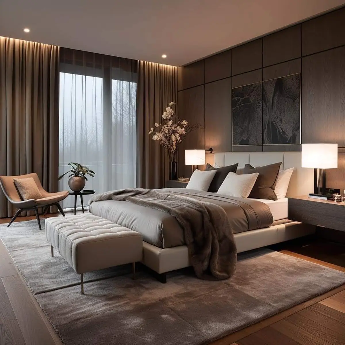 earthy luxury master bedroom with panelling — real Indian home