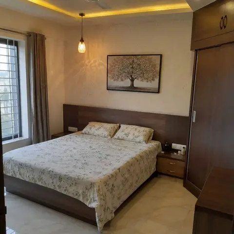 beige modern indian master bedroom with wardrobe — real Indian home