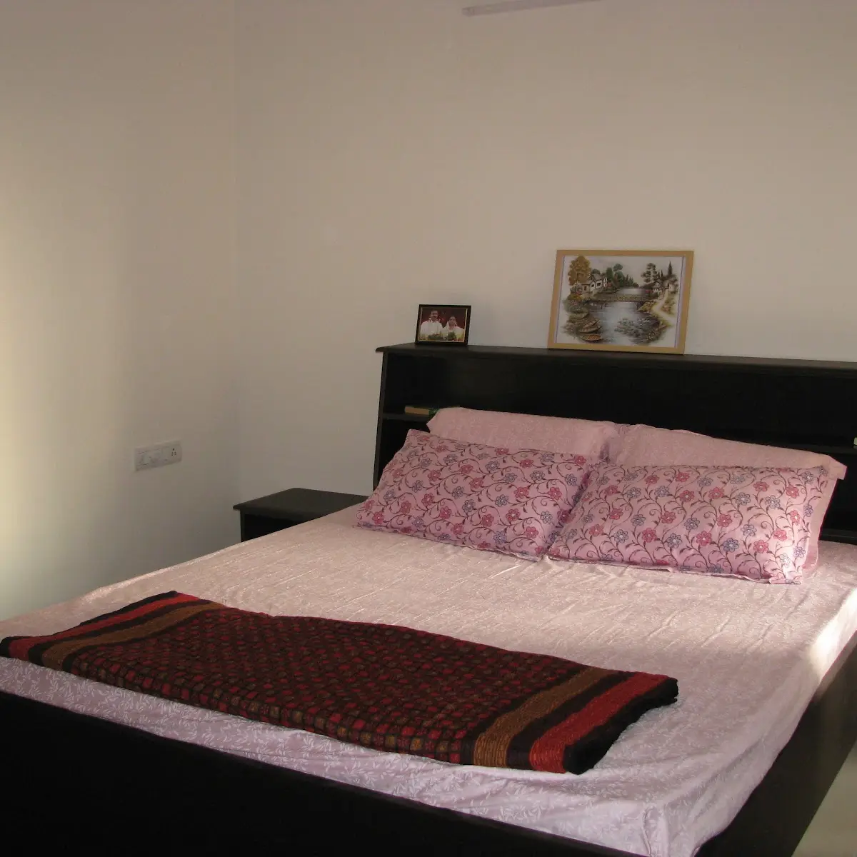 pastel master bedroom with bed — real Indian home