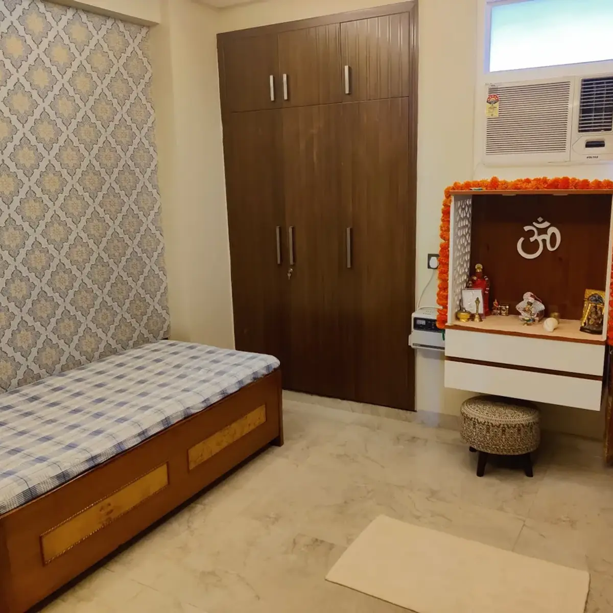 beige traditional guest bedroom with wallpaper — real Indian home