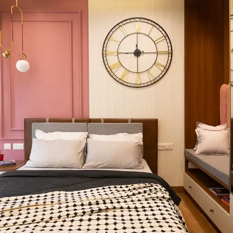 pastel luxury master bedroom with wardrobe — real Indian home