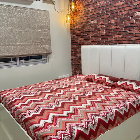 bold colour industrial master bedroom with wallpaper — real Indian home