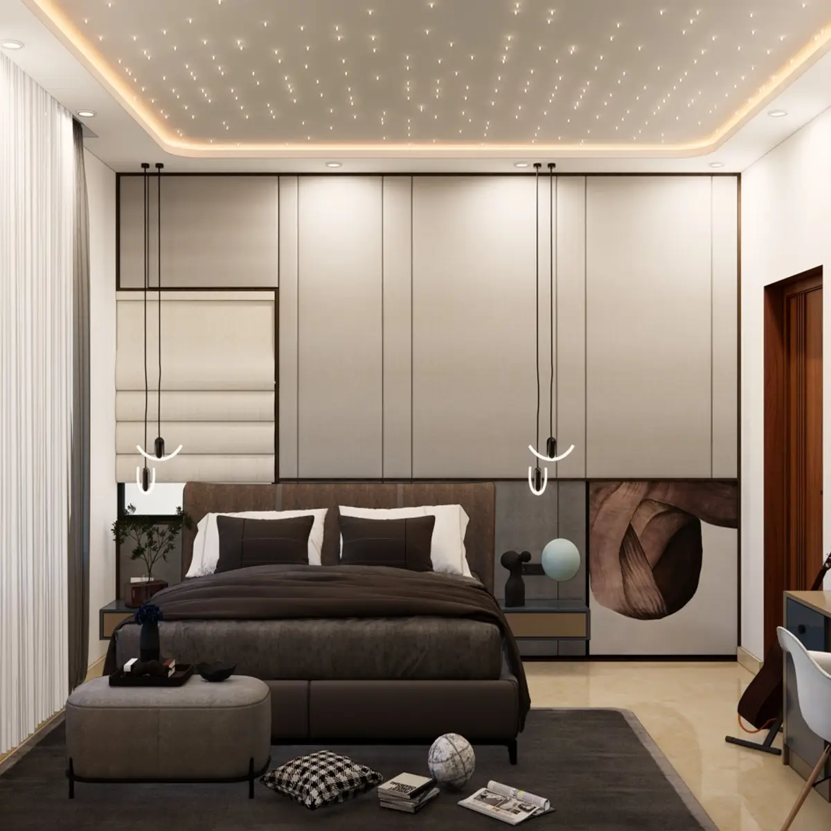 grey modern minimalist master bedroom with cove — real Indian home