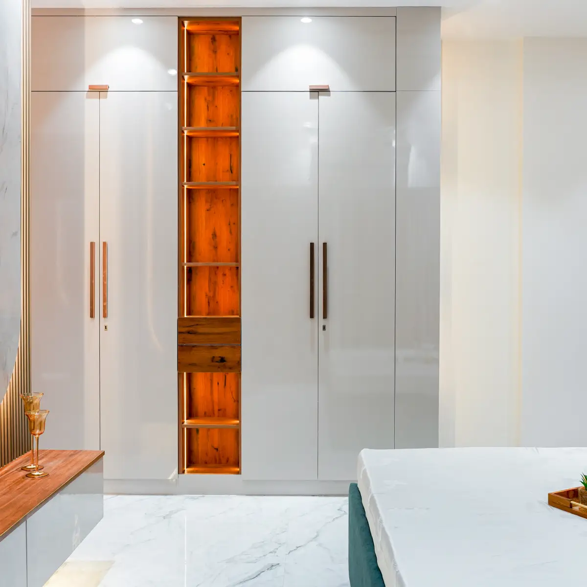 beige luxury master bedroom with wardrobe — real Indian home