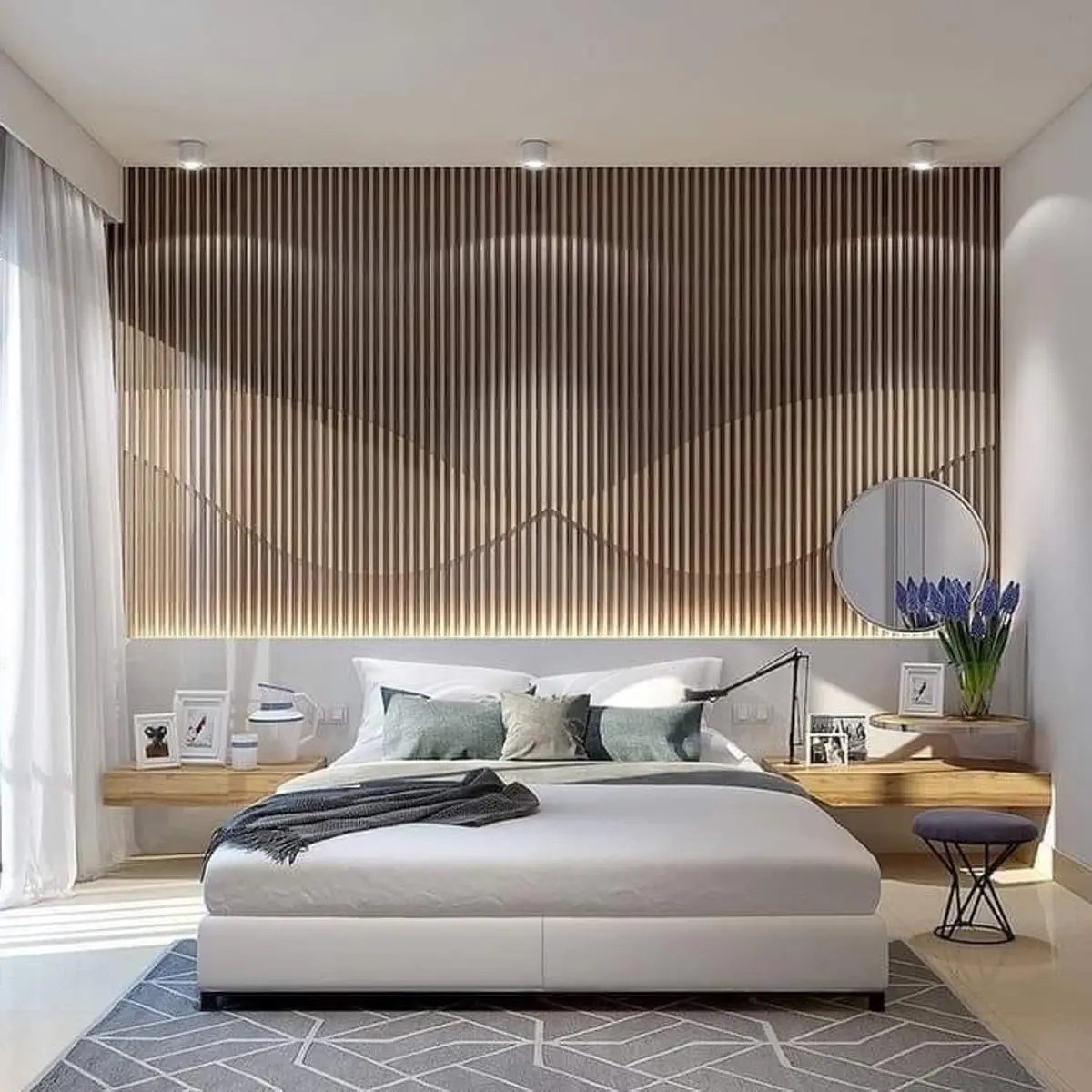 beige modern minimalist master bedroom with panelling — real Indian home