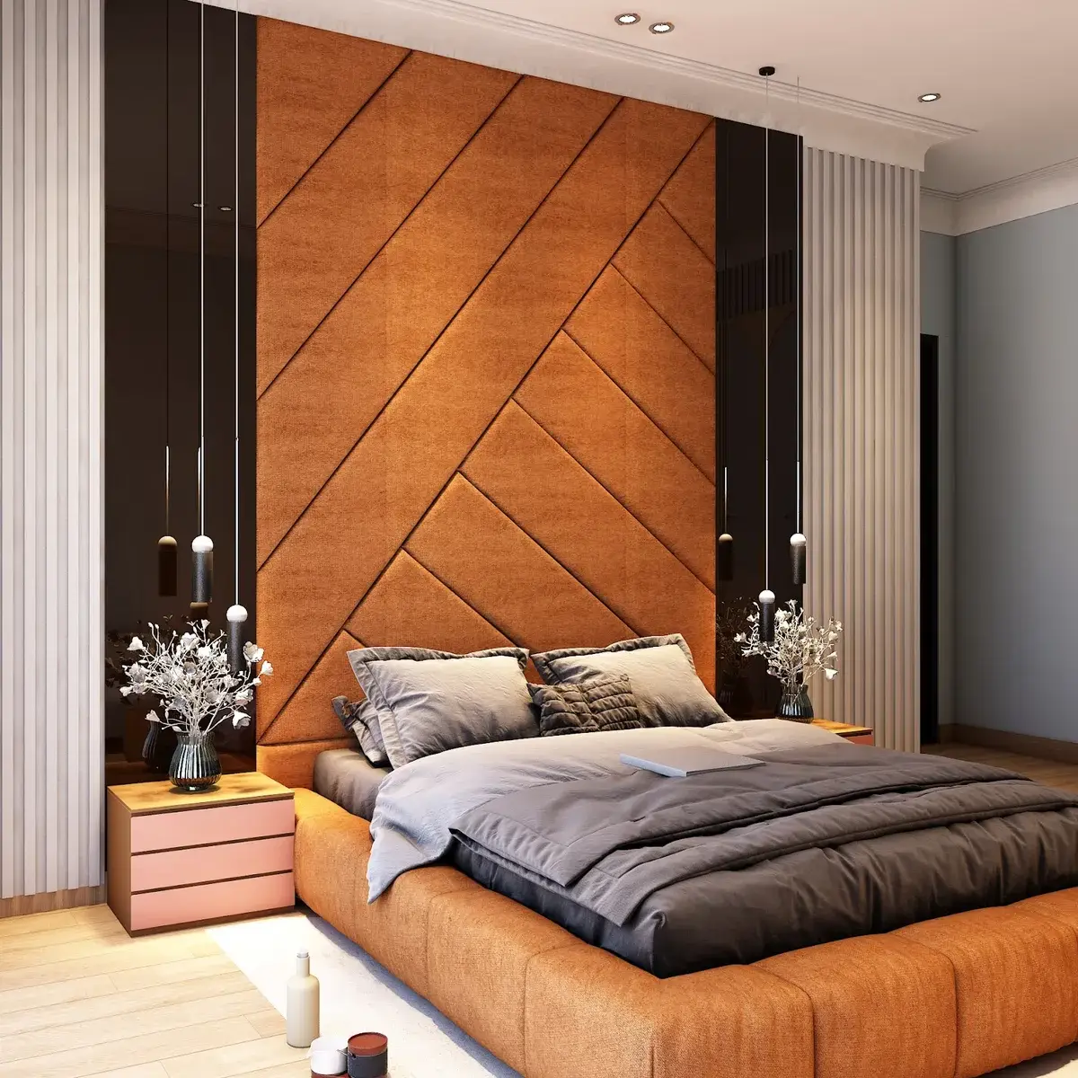 bold colour luxury master bedroom with panelling — real Indian home