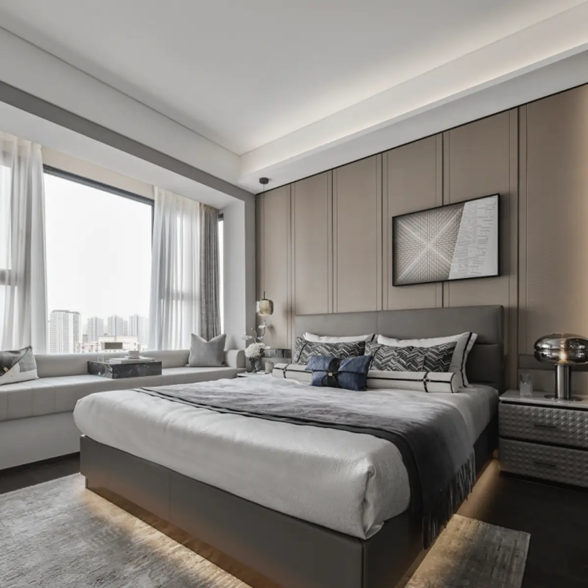 grey modern minimalist master bedroom with panelling — real Indian home