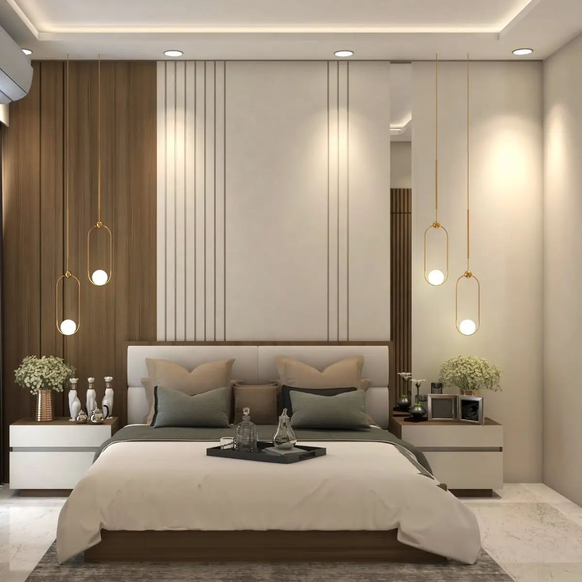 beige modern indian master bedroom with panelling — real Indian home