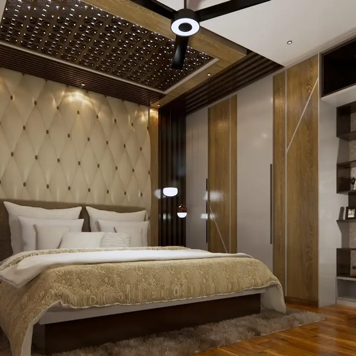 earthy luxury master bedroom with panelling — real Indian home