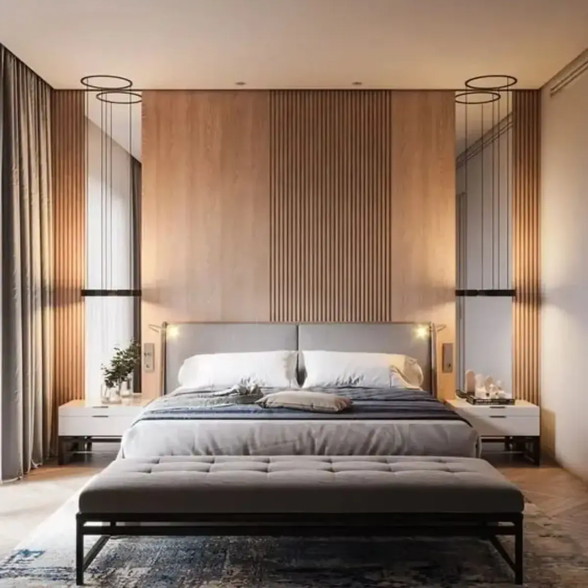 beige japandi master bedroom with panelling — real Indian home