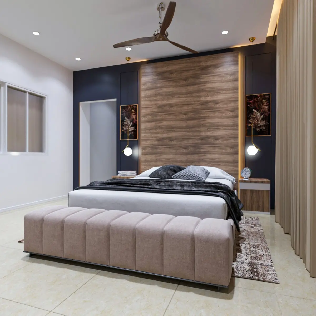 grey modern indian master bedroom with panelling — real Indian home
