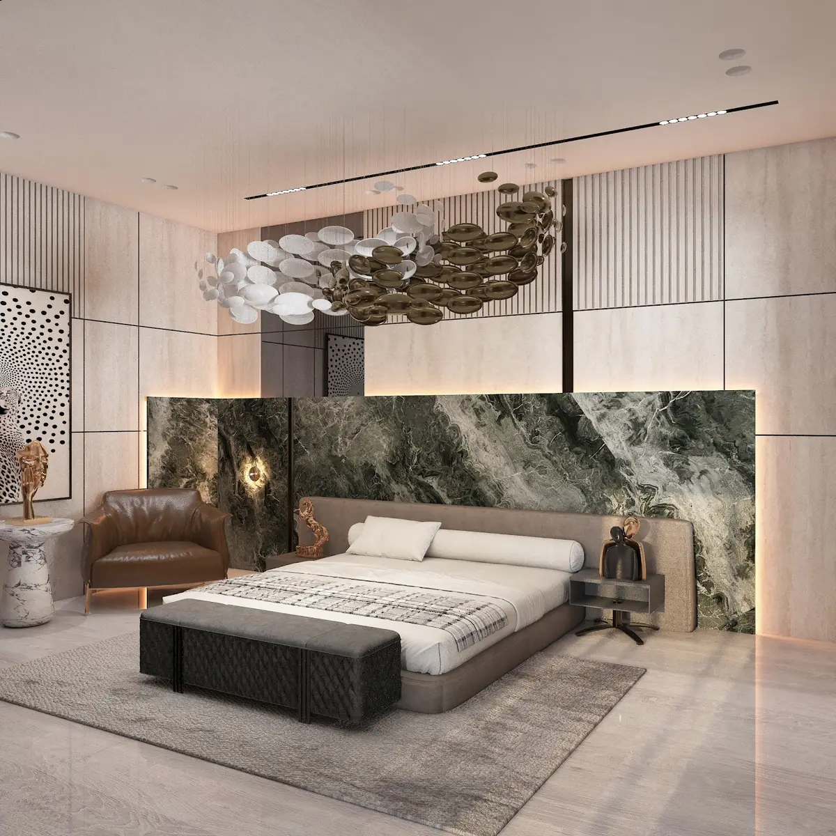 earthy luxury master bedroom with moulding — real Indian home