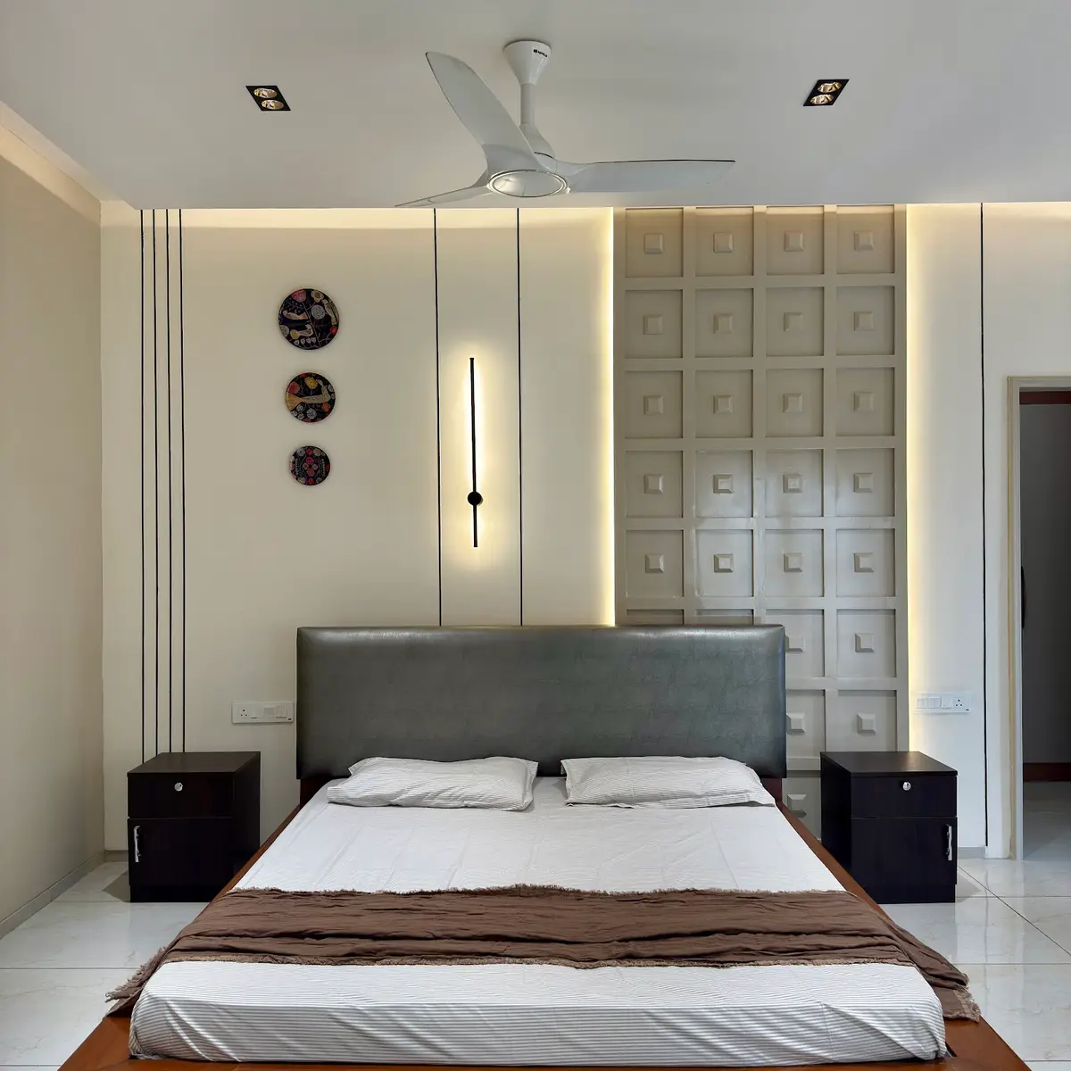 grey modern minimalist master bedroom with bed — real Indian home