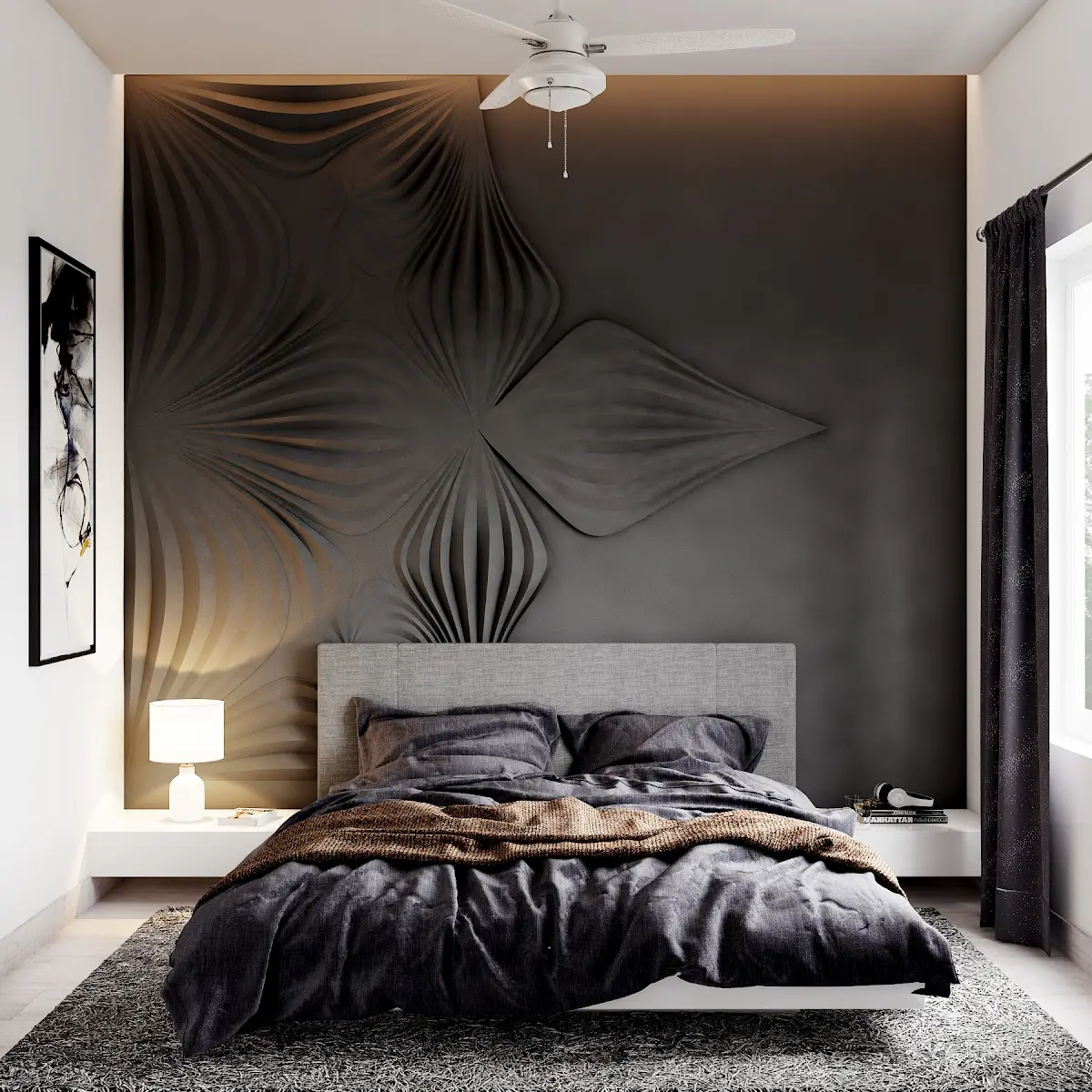 black and white modern minimalist master bedroom with moulding — real Indian home