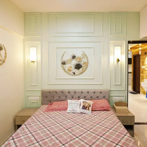 pastel traditional master bedroom with moulding — real Indian home