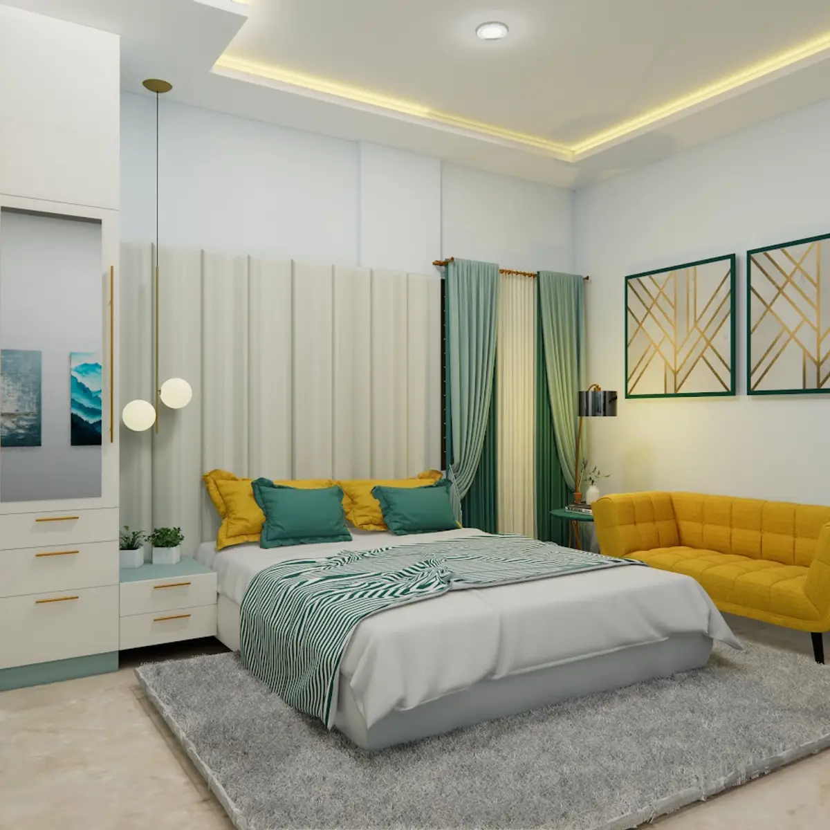 bold colour modern indian master bedroom with wardrobe — real Indian home