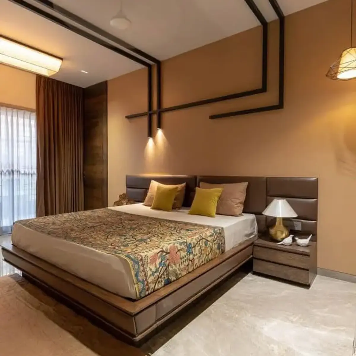 earthy modern indian master bedroom with moulding — real Indian home