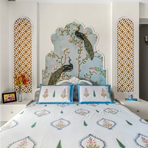 pastel modern indian master bedroom with wallpaper — real Indian home