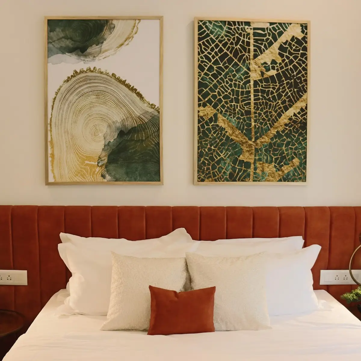 earthy mid century master bedroom with wall art — real Indian home