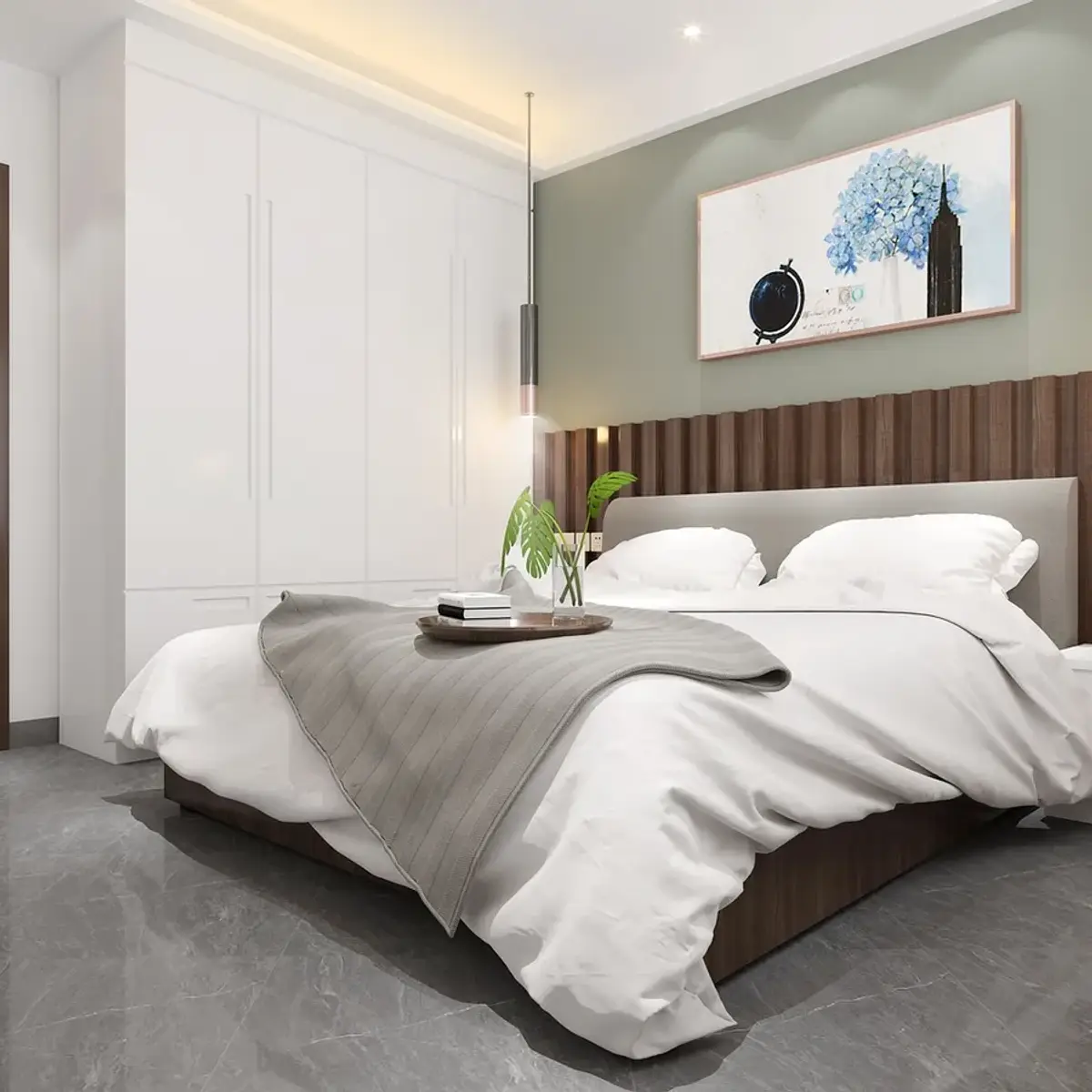 earthy modern minimalist master bedroom with panelling — real Indian home