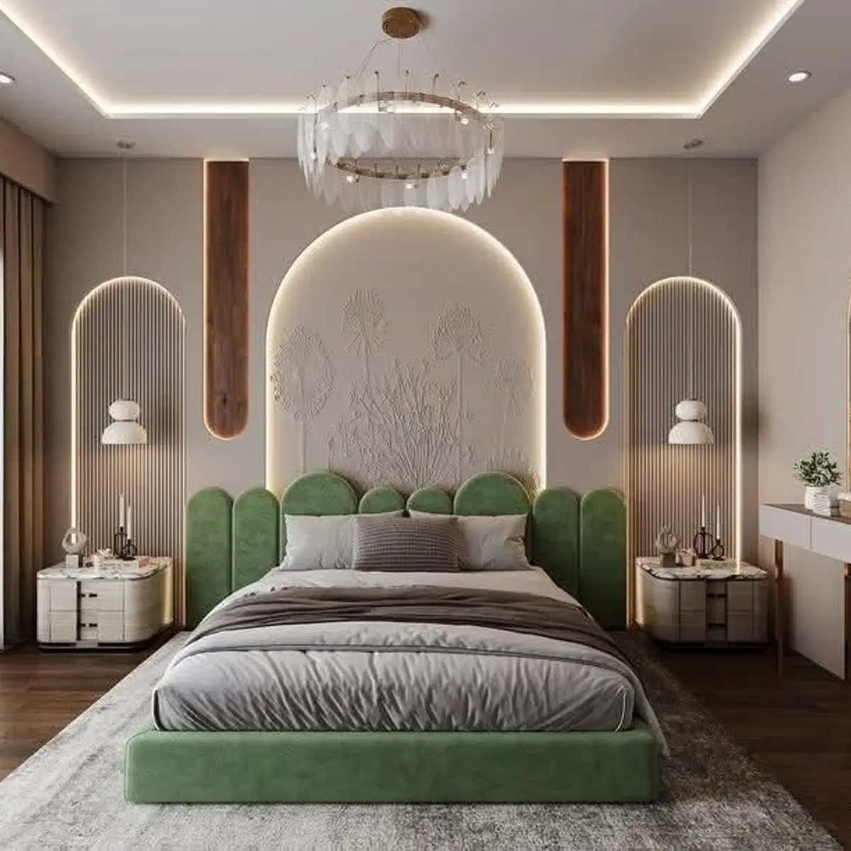 pastel modern indian master bedroom with cove — real Indian home