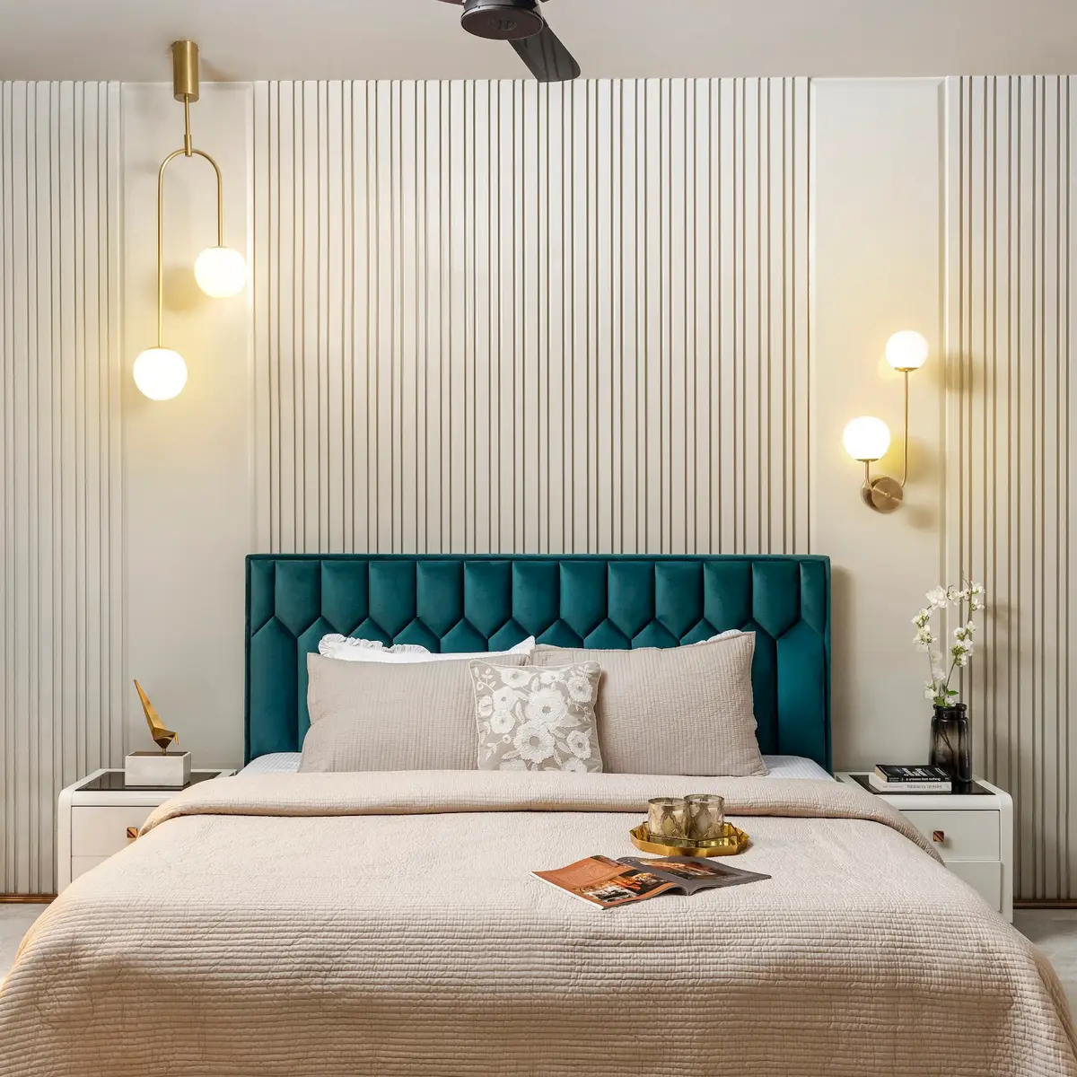beige modern indian master bedroom with panelling — real Indian home