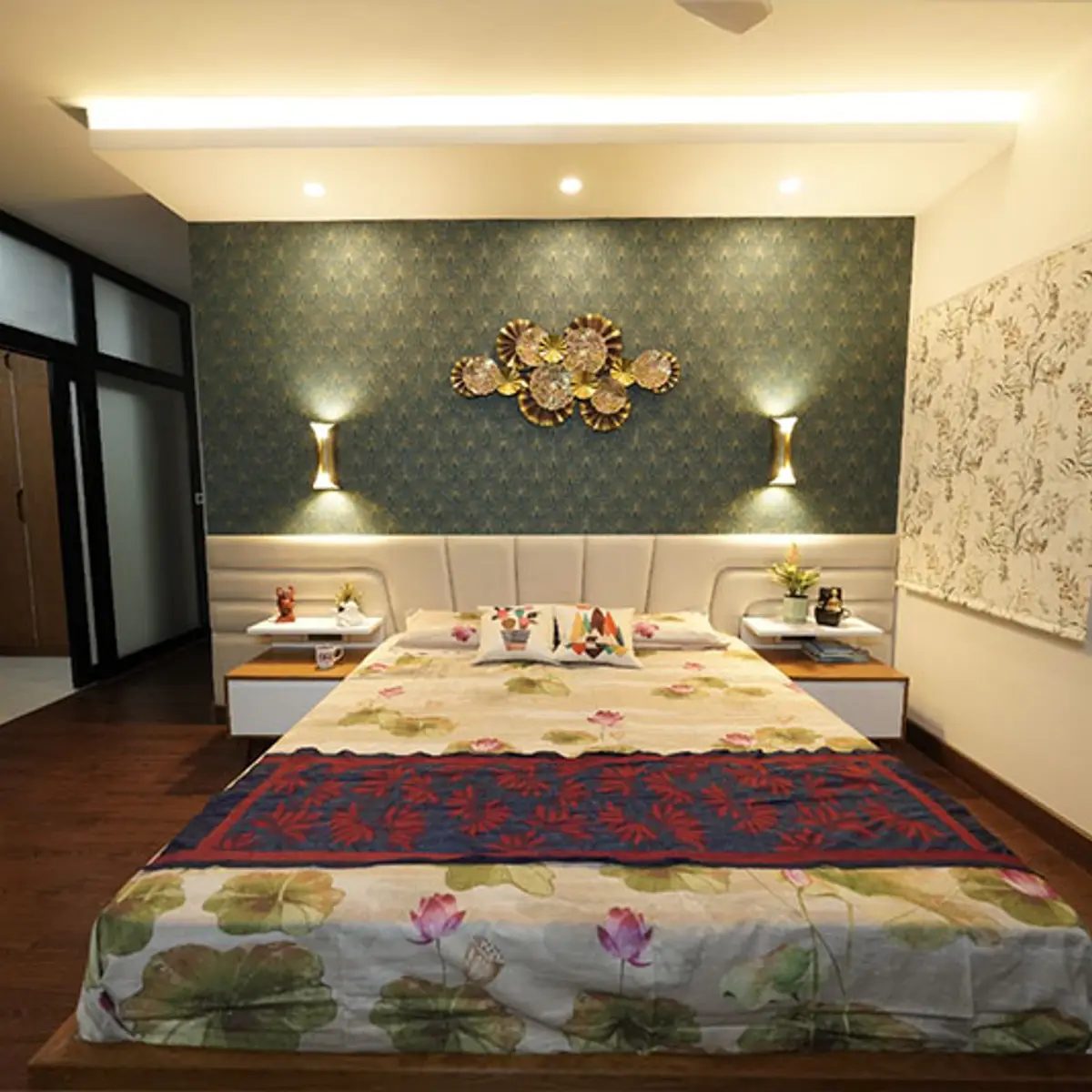 jewel tone traditional master bedroom with wallpaper — real Indian home
