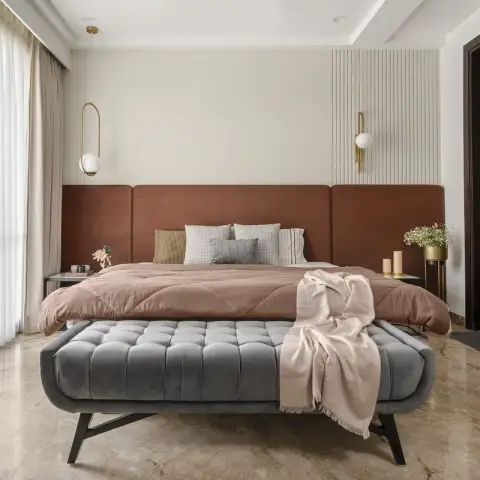 beige modern minimalist master bedroom with panelling — real Indian home