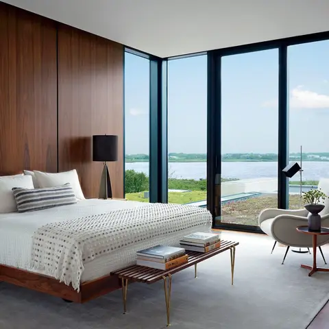 beige mid century master bedroom with panelling — real Indian home