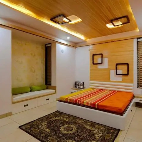 bold colour modern indian master bedroom with wood — real Indian home