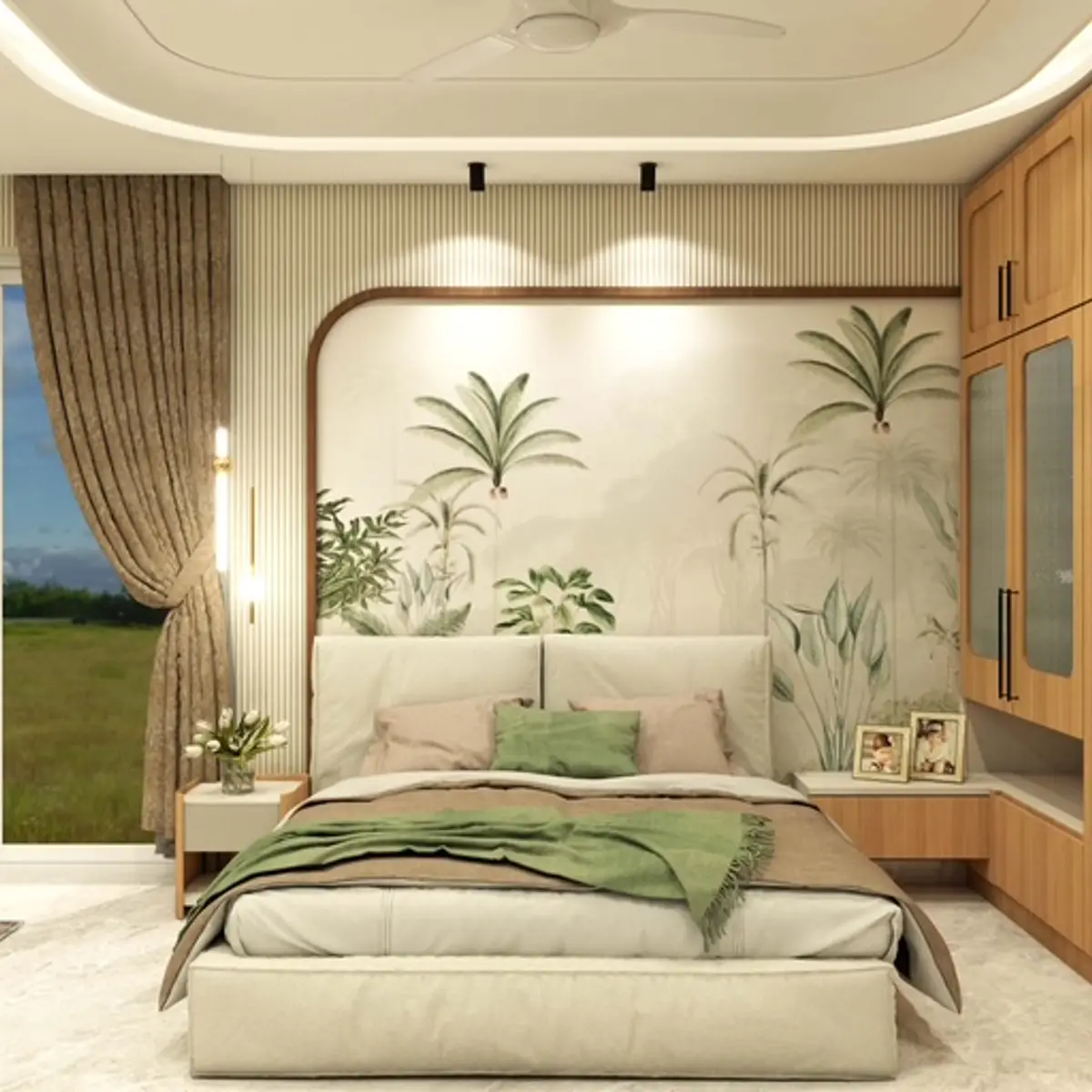 earthy modern indian master bedroom with wallpaper — real Indian home